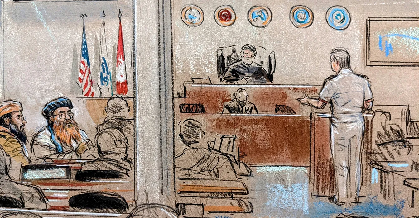 Air Force Col. Matthew McCall presided over his first session this week. Courtroom sketch by William J. Hennessy Jr. / CourtroomArt.com.